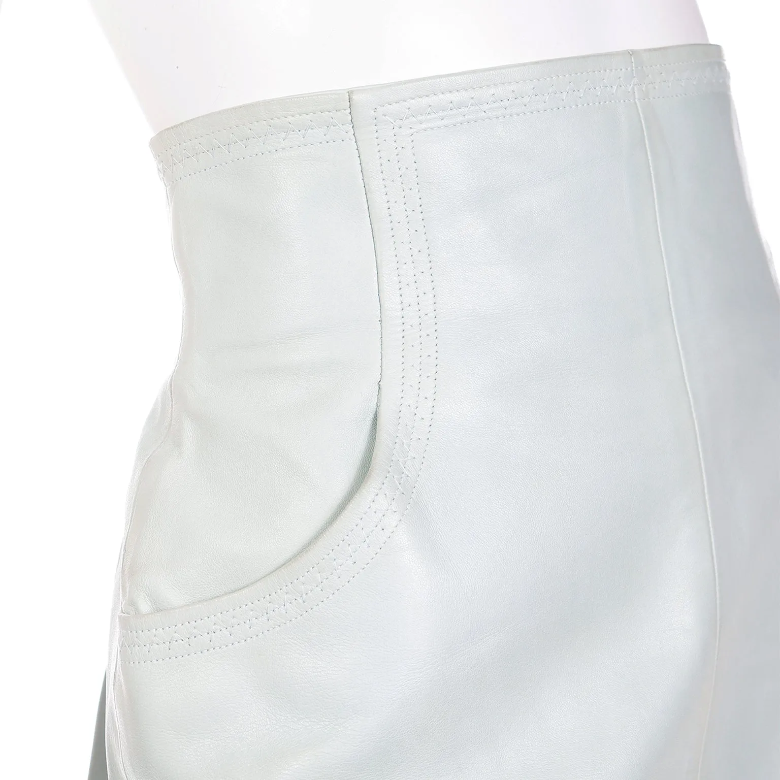 2000s Chanel Pale Mint Green Lambskin Leather High Waist Skirt