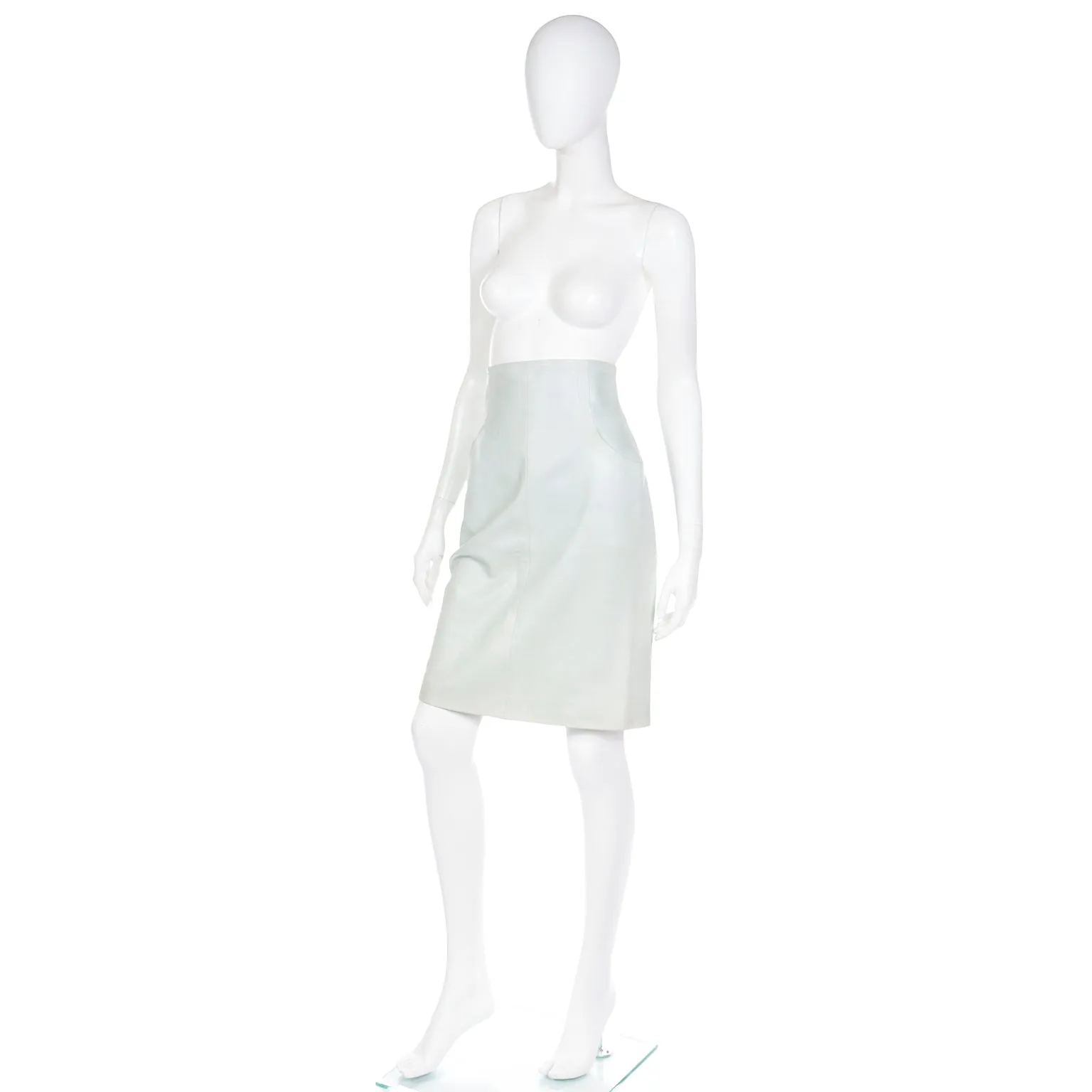 2000s Chanel Pale Mint Green Lambskin Leather High Waist Skirt