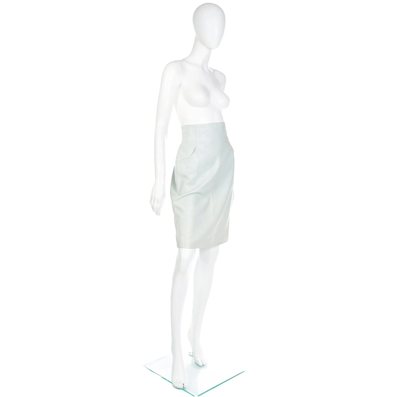 2000s Chanel Pale Mint Green Lambskin Leather High Waist Skirt