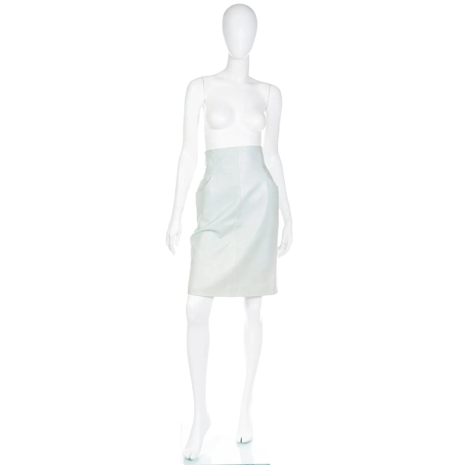 2000s Chanel Pale Mint Green Lambskin Leather High Waist Skirt