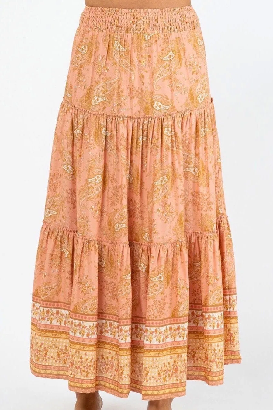 AMELIA TIERED MAXI SKIRT IN PEACH FLORAL PAISLEY