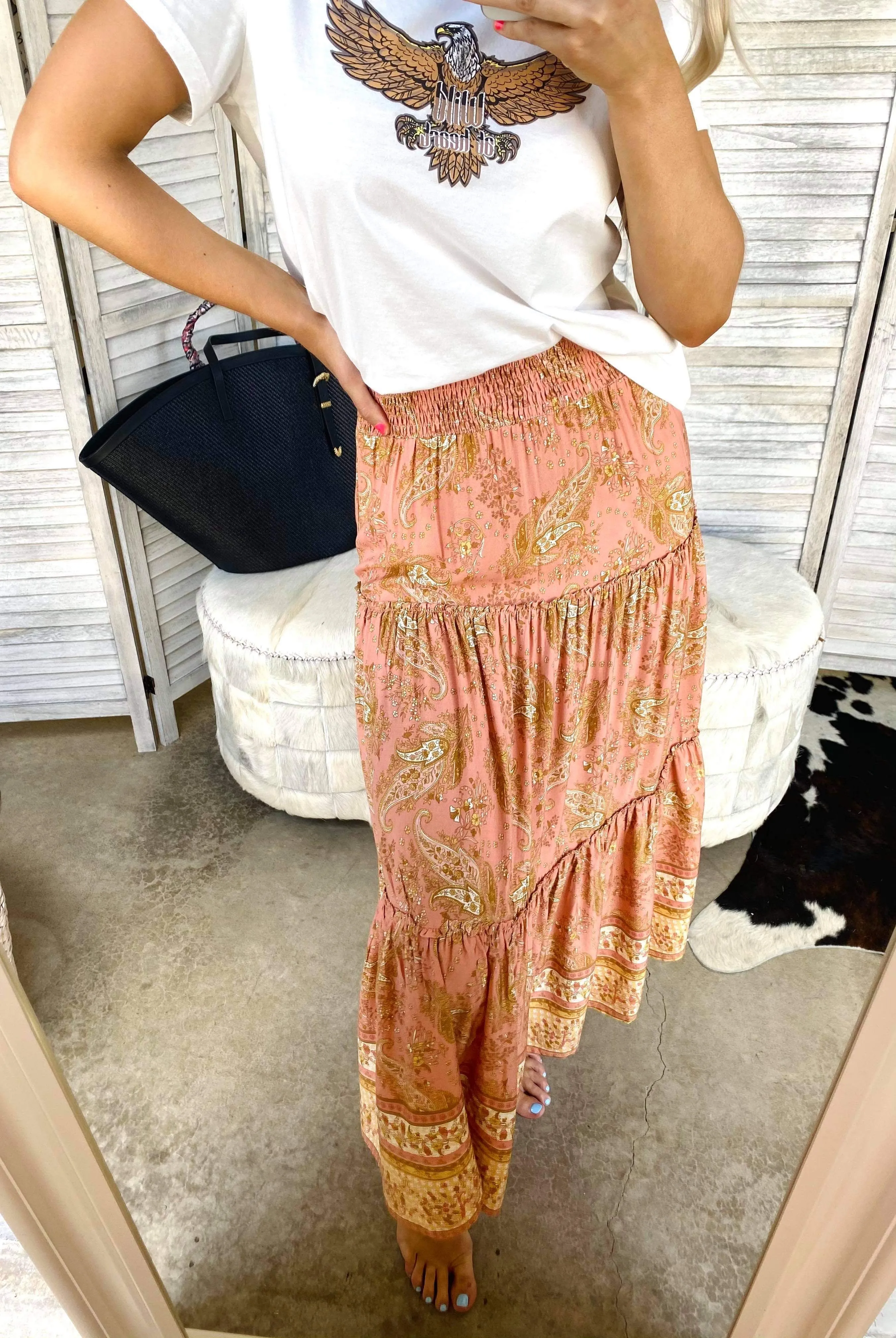 AMELIA TIERED MAXI SKIRT IN PEACH FLORAL PAISLEY