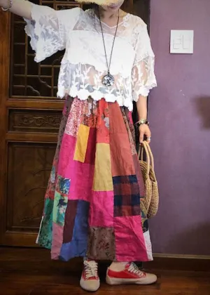 Art Colorblock Wrinkled Print Patchwork Exra Large Hem Linen Skirts Summer LY4632