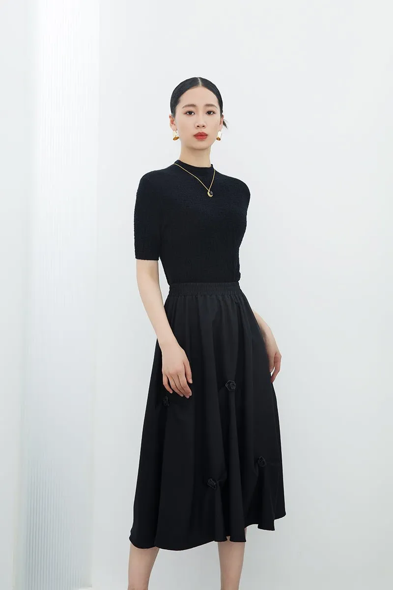 Black Flower Decoration Midi Skirts