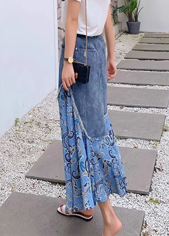 Blue Denim Patchwork High Waist Button Maxi Skir