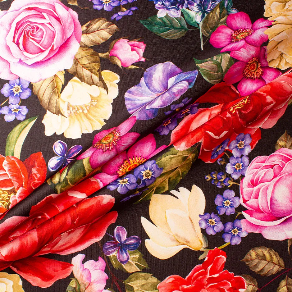 Bold Multi-Coloured Floral Printed Black Silk Blend Mikado