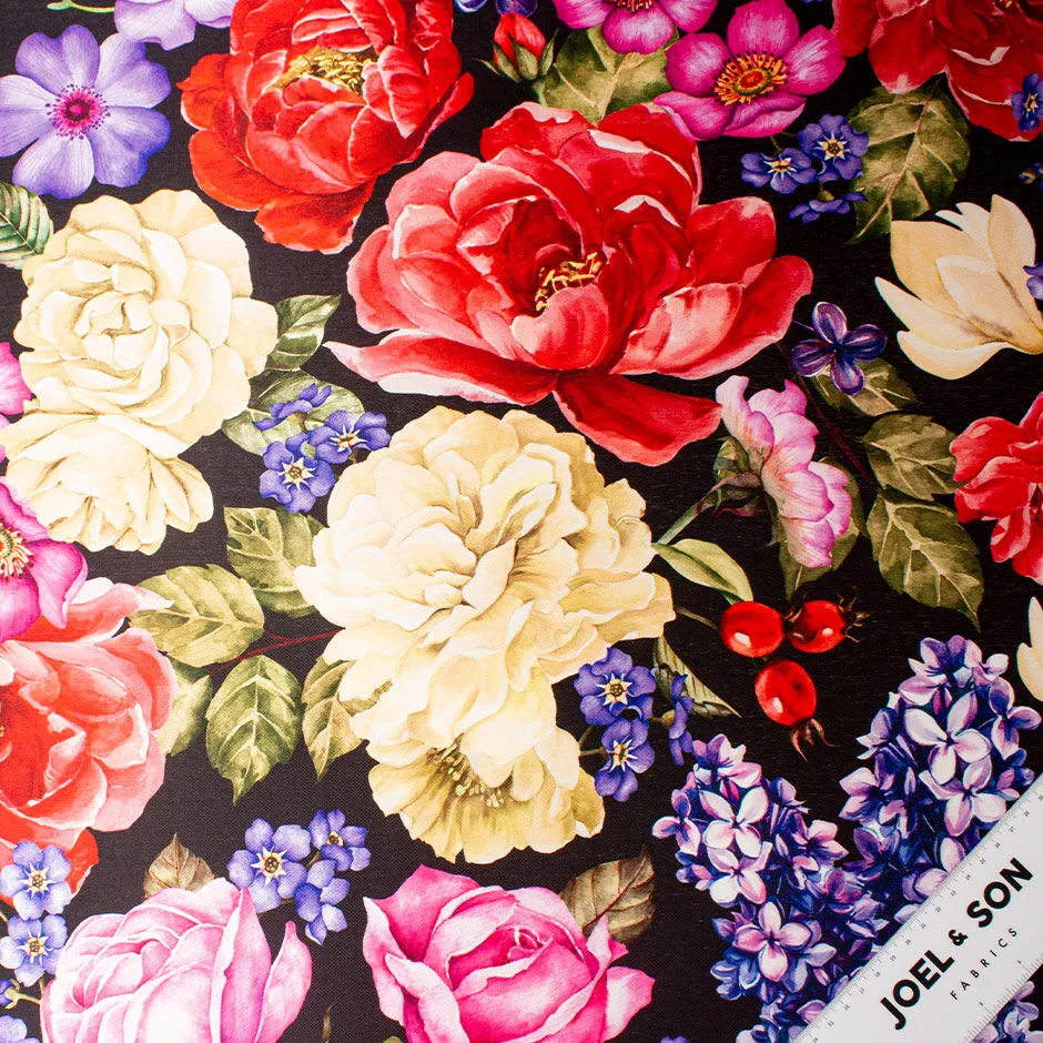 Bold Multi-Coloured Floral Printed Black Silk Blend Mikado