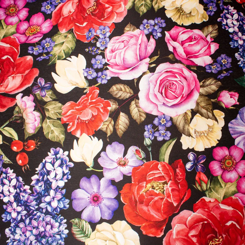 Bold Multi-Coloured Floral Printed Black Silk Blend Mikado