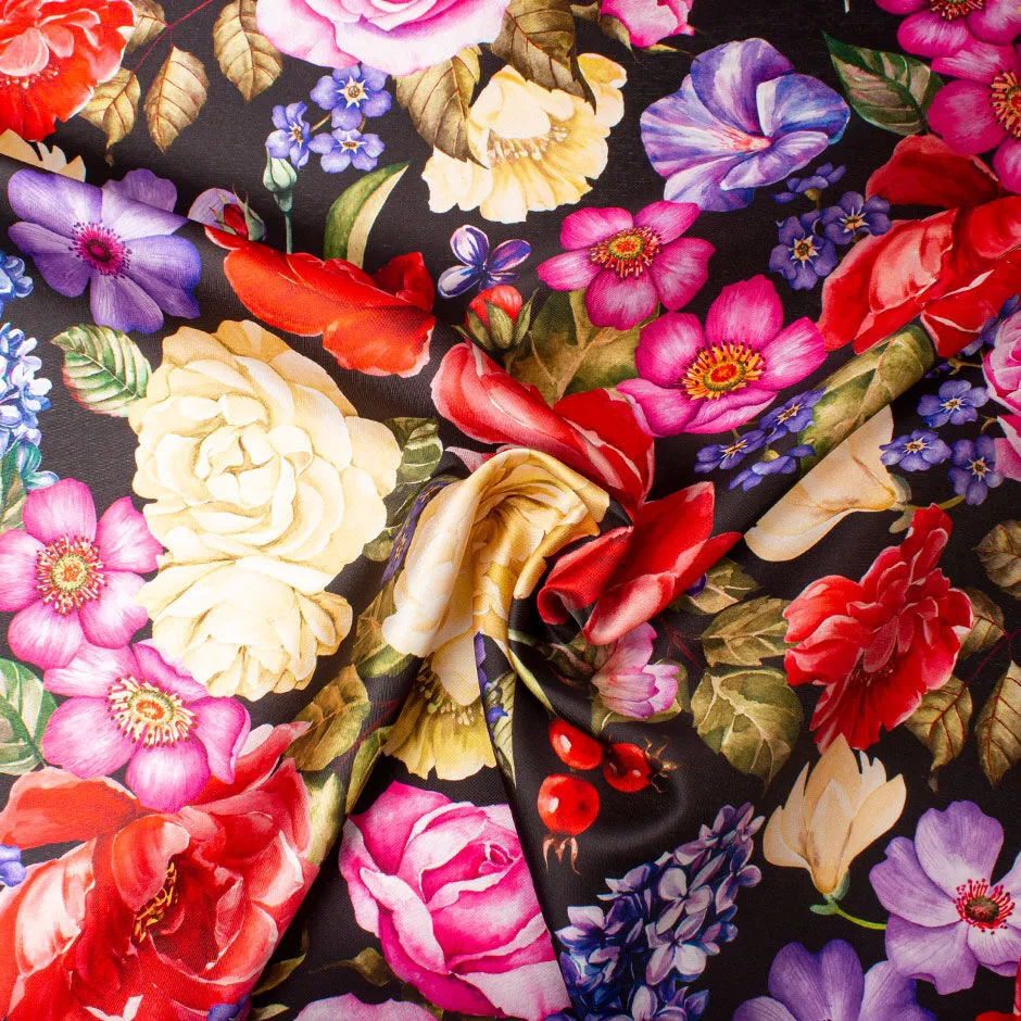 Bold Multi-Coloured Floral Printed Black Silk Blend Mikado