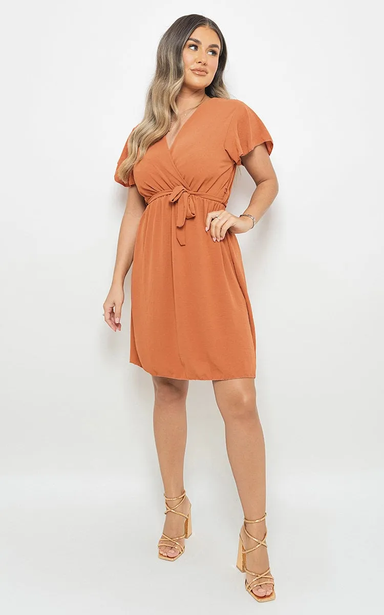 Butterfly Sleeve Belted Wrap Mini Dress