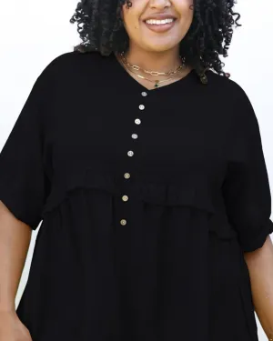 Button-Up Front Ruffle Solid Color Blouse | Black