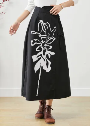 Casual Black Asymmetrical Lace Up Print Cotton Skirts Fall LY9879