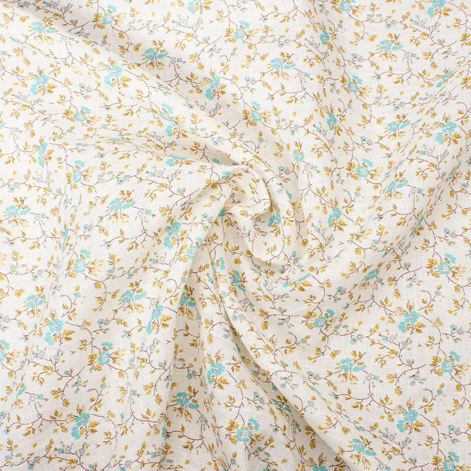 Delicate Aqua Floral Printed Ivory Linen