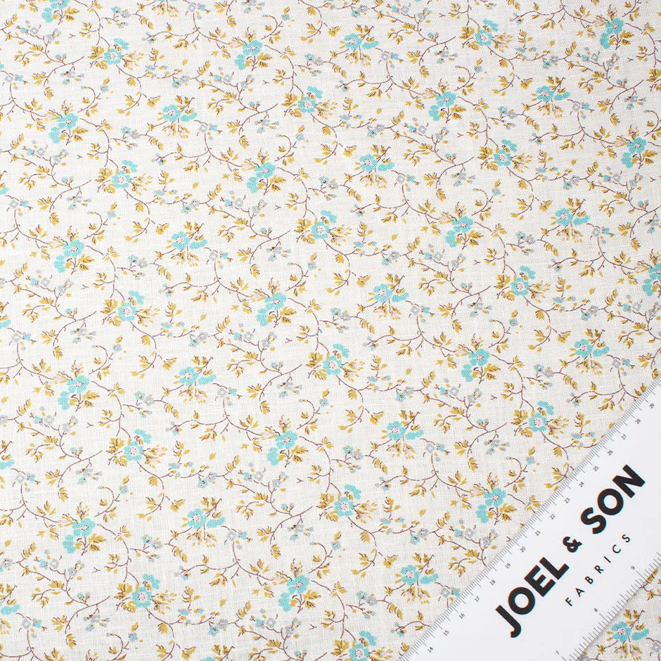 Delicate Aqua Floral Printed Ivory Linen