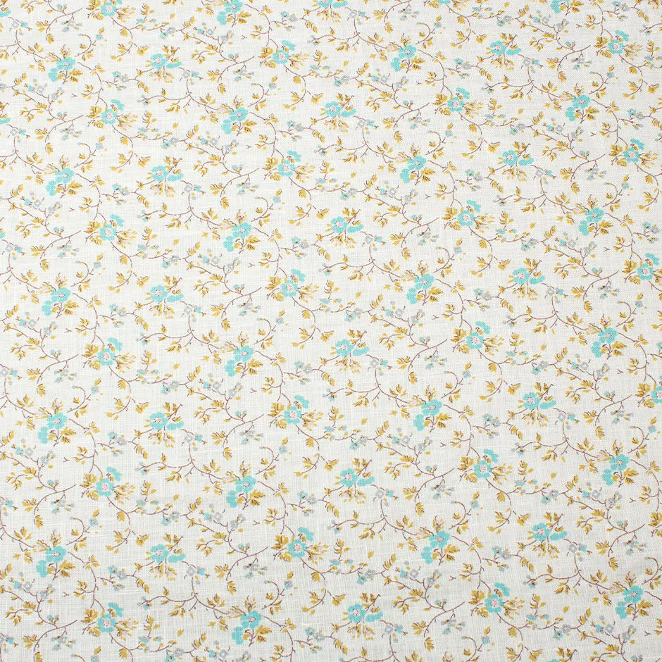 Delicate Aqua Floral Printed Ivory Linen