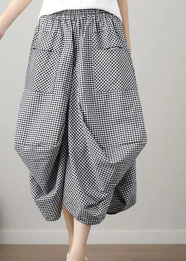 Fashion Black Plaid Cotton Linen lantern Skirts Summer