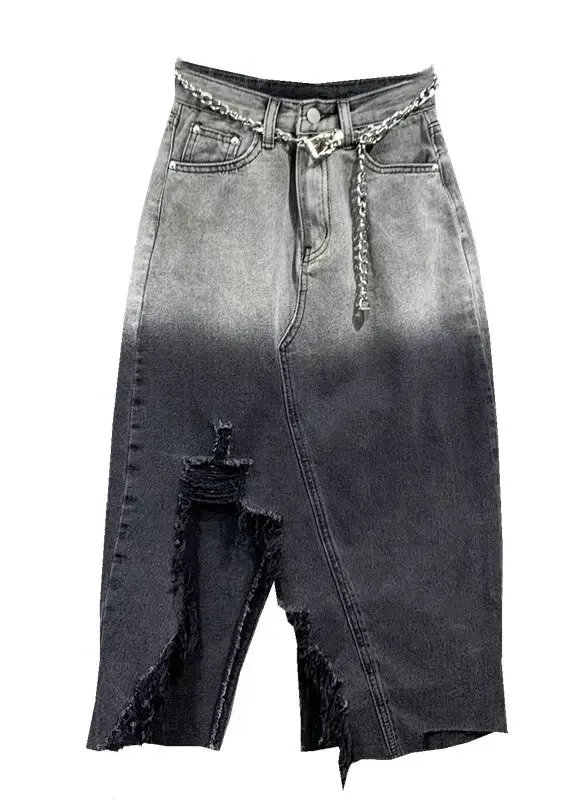 Fitted Black Grey Gradient Asymmetrical Pockets Patchwork Denim Skirts Fall ML0754