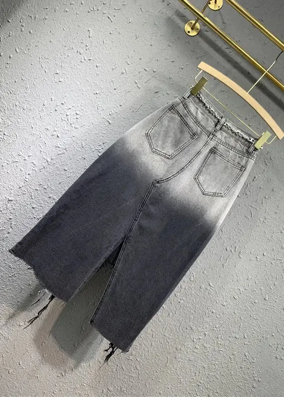 Fitted Black Grey Gradient Asymmetrical Pockets Patchwork Denim Skirts Fall ML0754