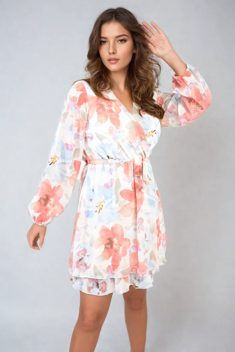 Floral Tie Front Tiered Mini Dress