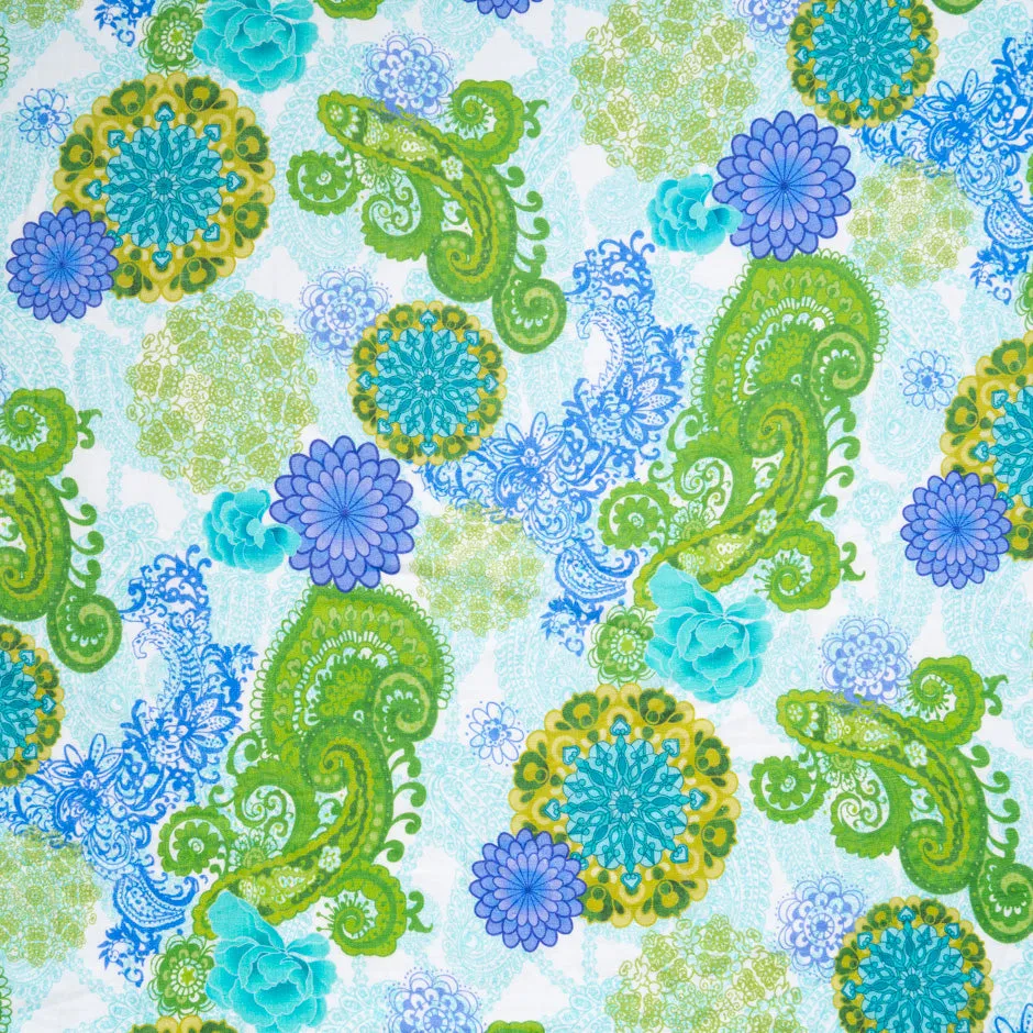 Green & Blue Lace Floral Printed Linen