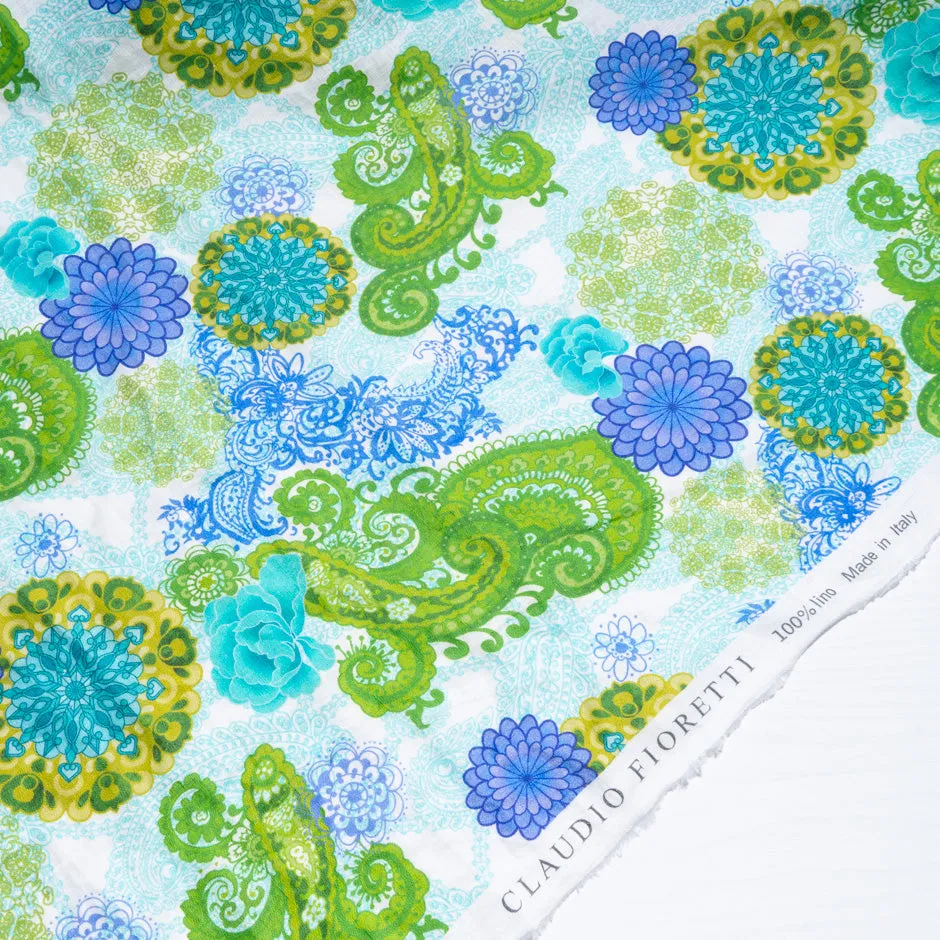 Green & Blue Lace Floral Printed Linen