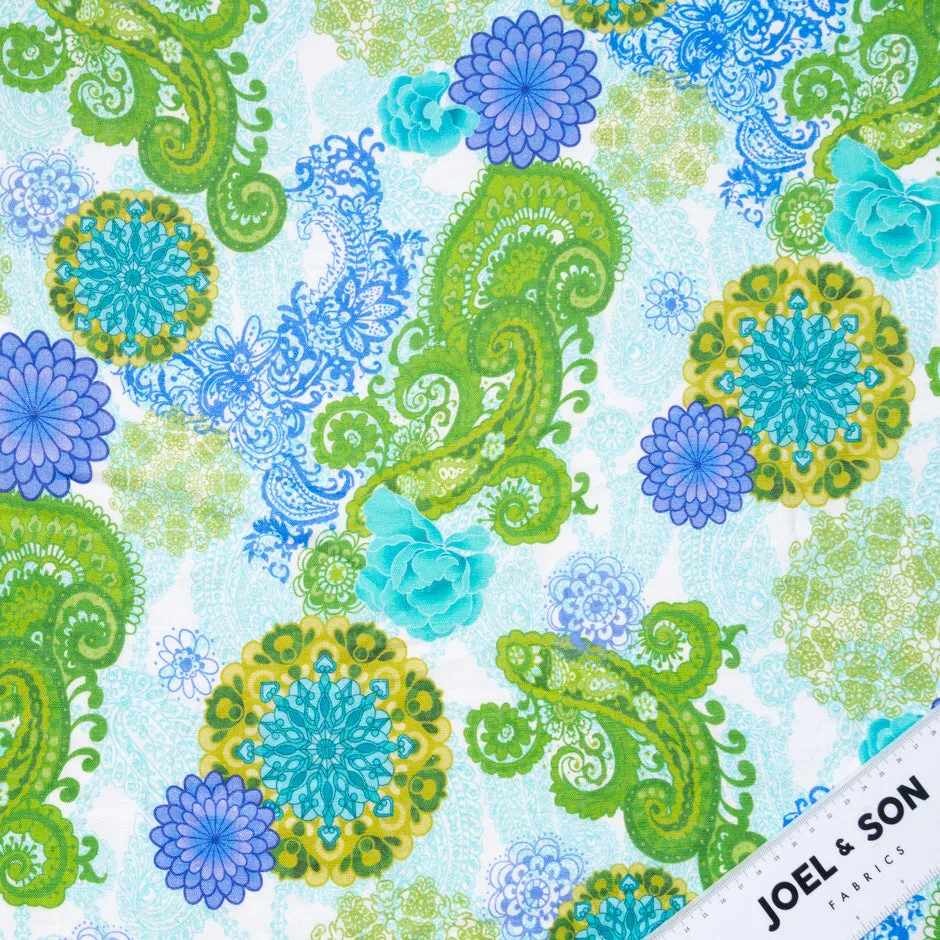 Green & Blue Lace Floral Printed Linen