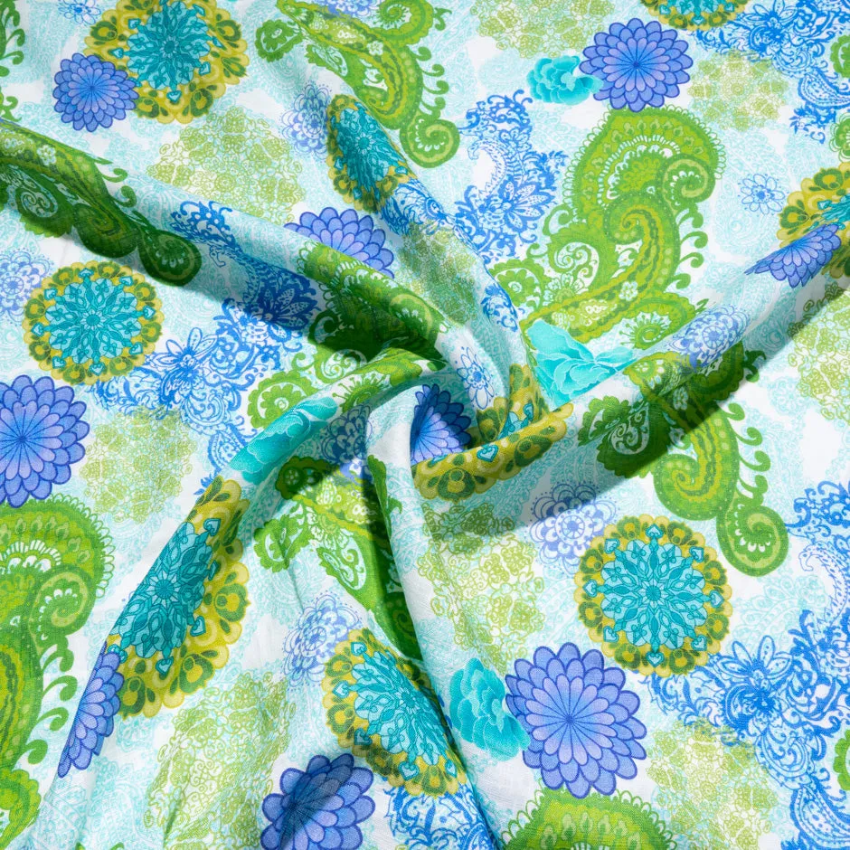 Green & Blue Lace Floral Printed Linen