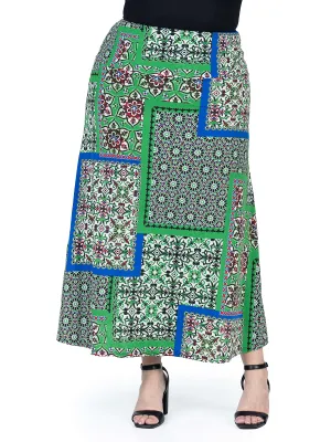 Green Scarf Print Plus Size  Elastic Waist Ankle Length Comfortable Maxi Skirt