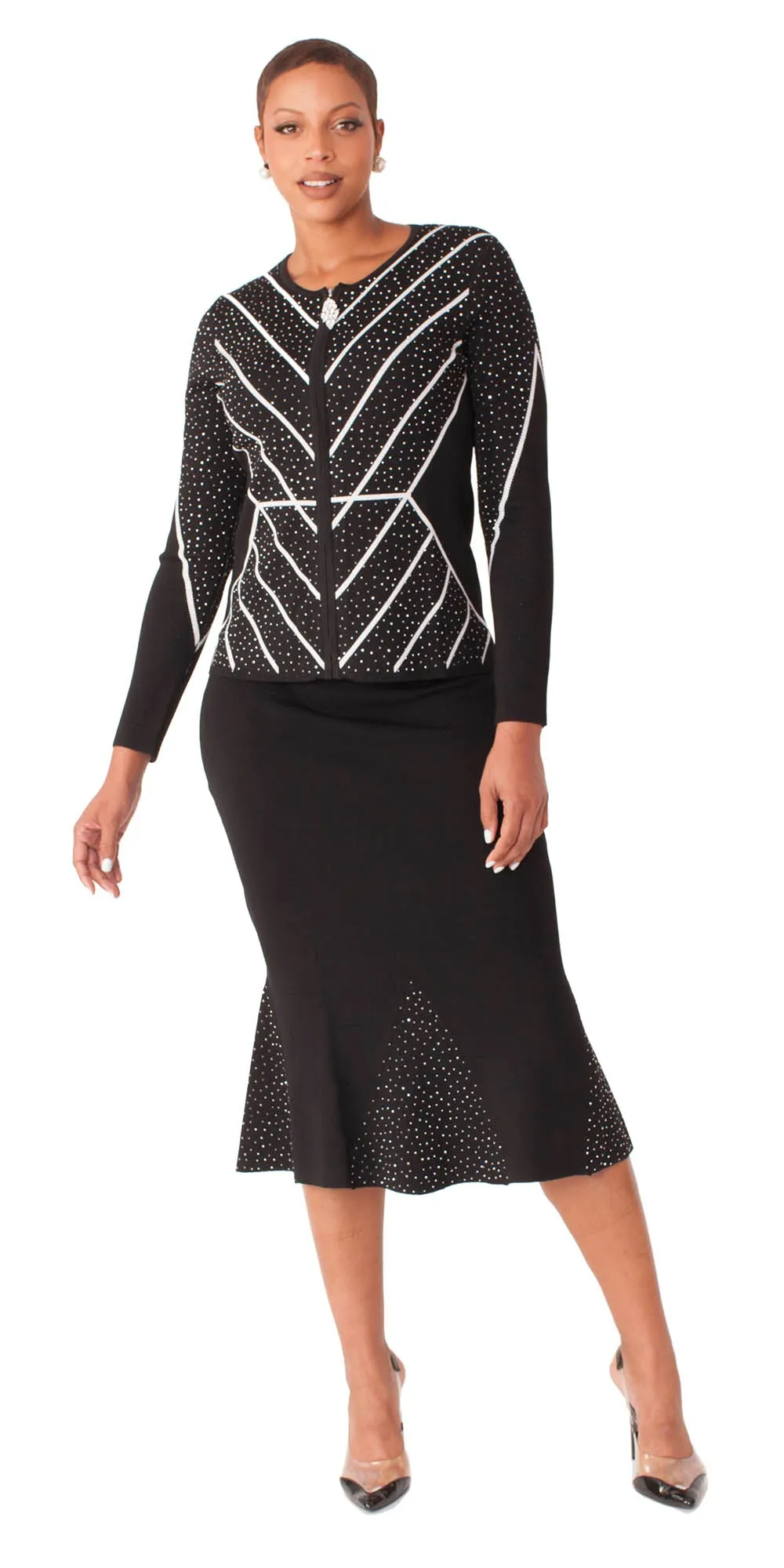 Kayla - 5321 - Black - Rhinestone Embellished Knit 2pc Skirt Set