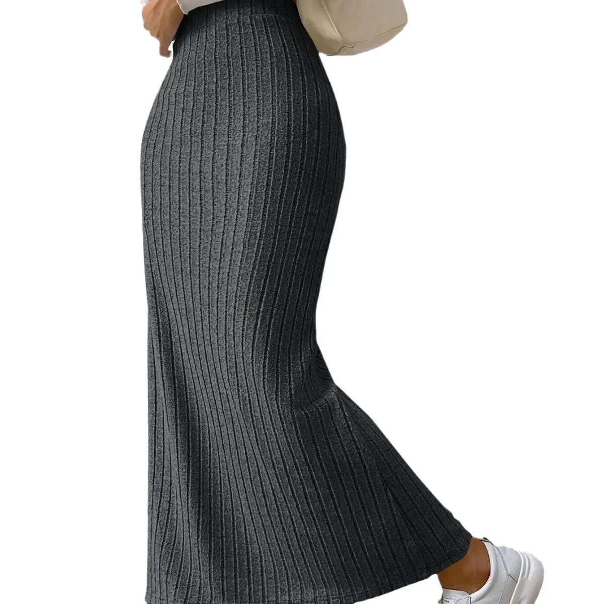 Knitted Elegant Stylish High Waist Slim Solid Color Long Trendy Hip Slits Skirt