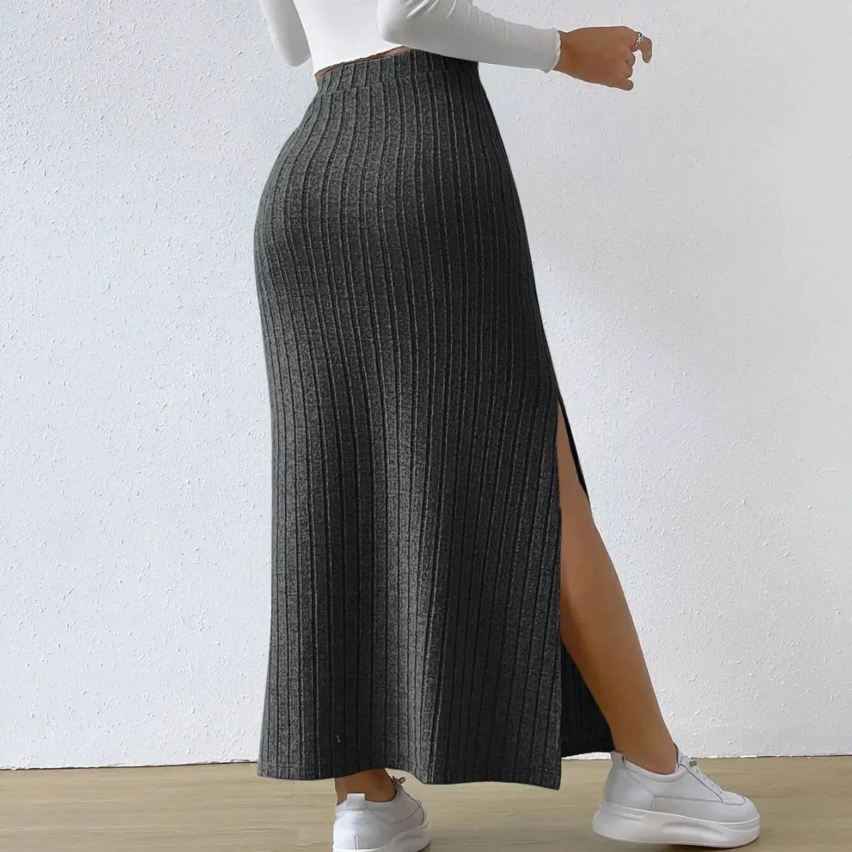 Knitted Elegant Stylish High Waist Slim Solid Color Long Trendy Hip Slits Skirt