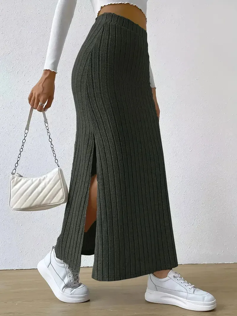 Knitted Elegant Stylish High Waist Slim Solid Color Long Trendy Hip Slits Skirt