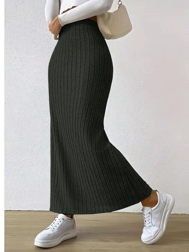 Knitted Elegant Stylish High Waist Slim Solid Color Long Trendy Hip Slits Skirt