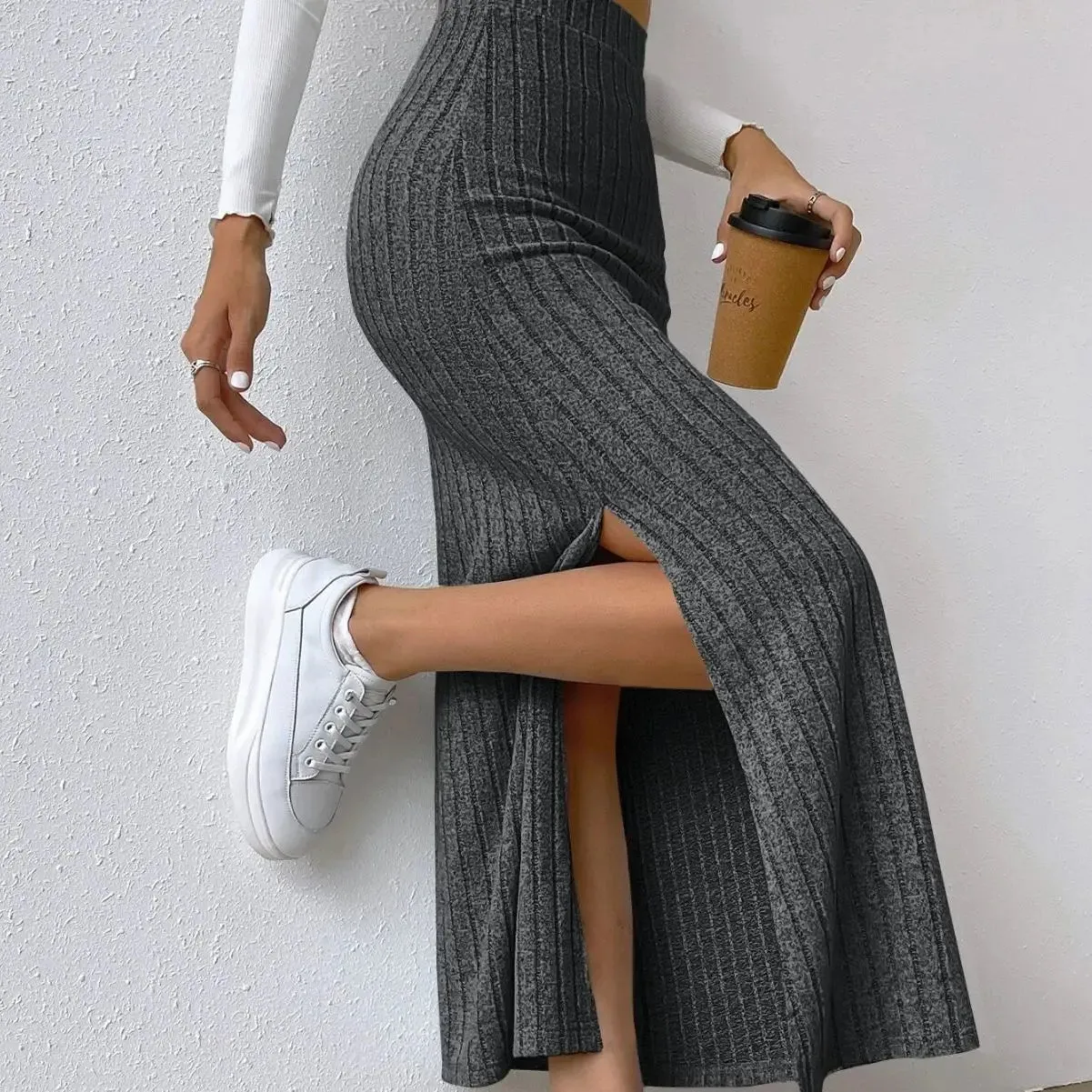 Knitted Elegant Stylish High Waist Slim Solid Color Long Trendy Hip Slits Skirt