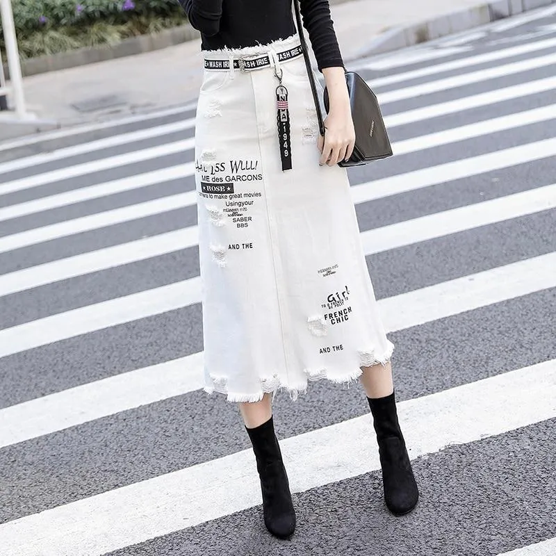 Letter Printed White Tassels High Waist Long Denim Skirts