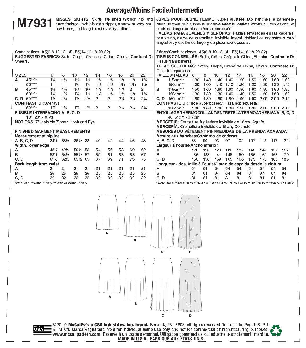 McCall's Pattern M7931 Misses' Skirts