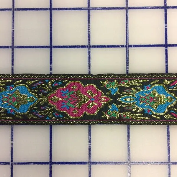 Metallic Trim - Jacquard Ribbon Black Magenta Turquoise 1.25-in Wide 5.75-Yard Piece Close-Out