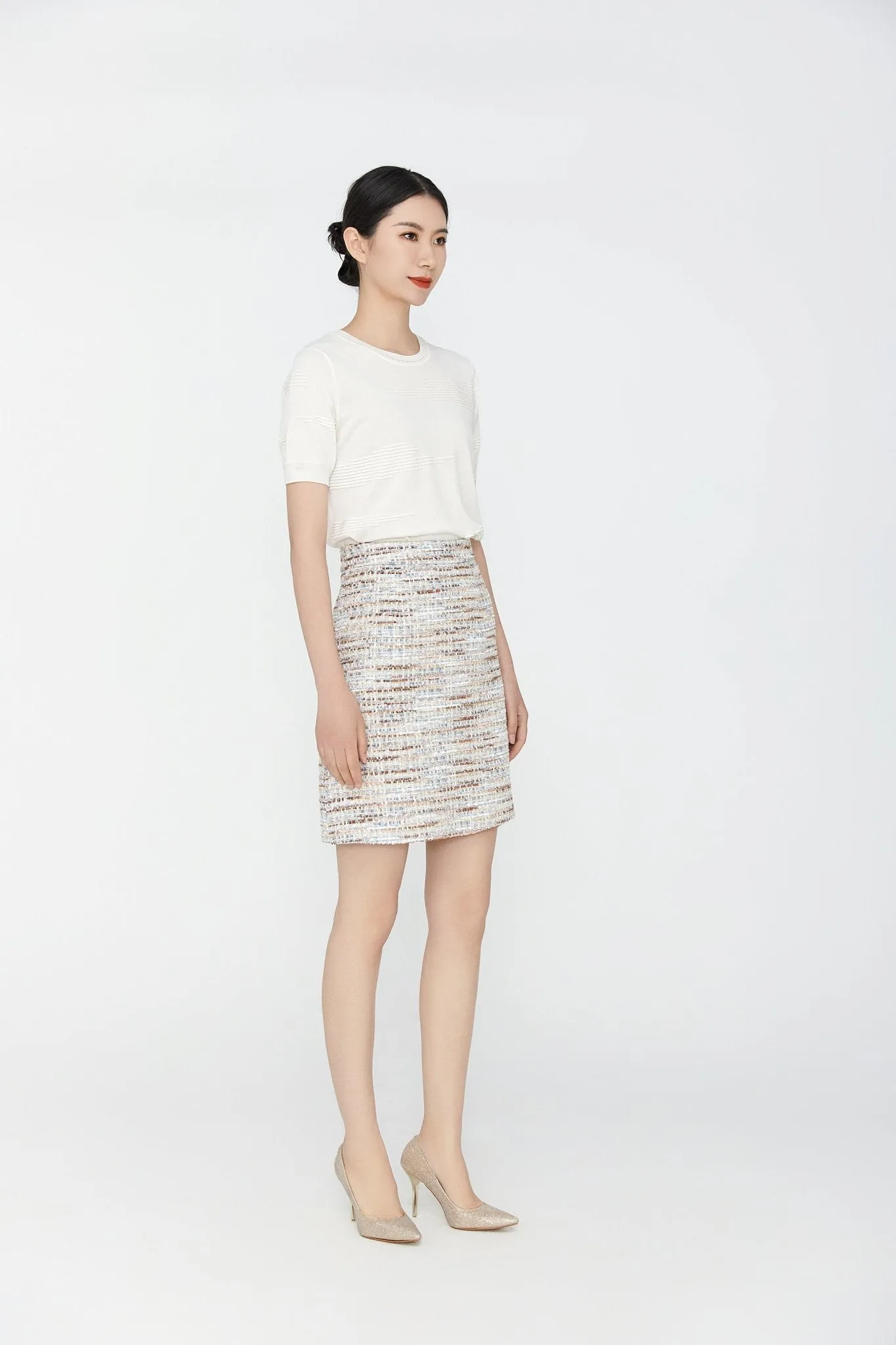 Mist Blue Tweed Fray High Waist Skirts