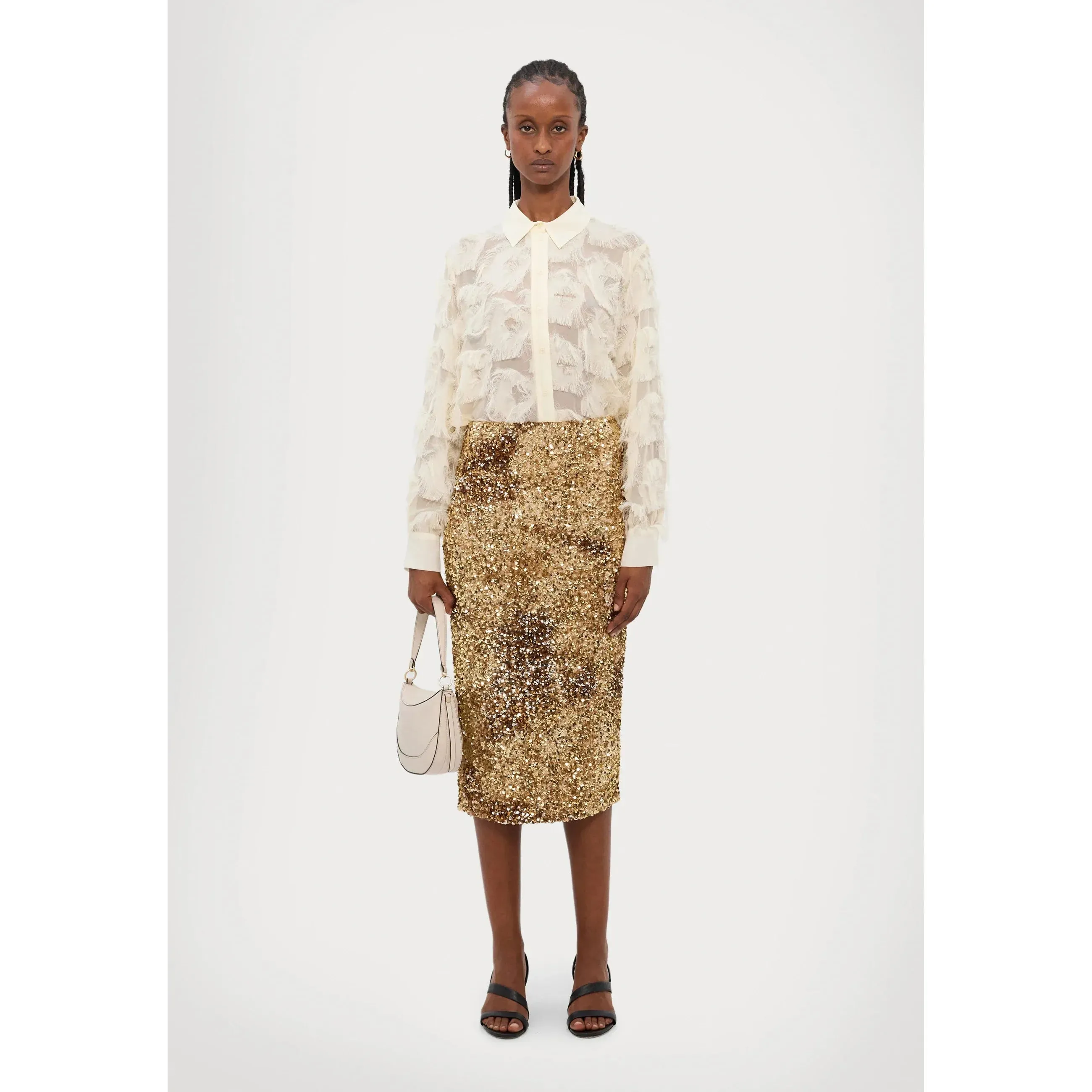 NICHOLS2 Sequin Jersey Midi Skirt Hazlenut Brown