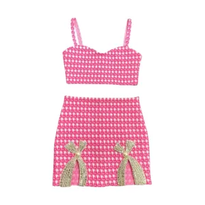 Pre Order:  Checkered Cropped Top Beaded Rhinestones Mini Skirt Set