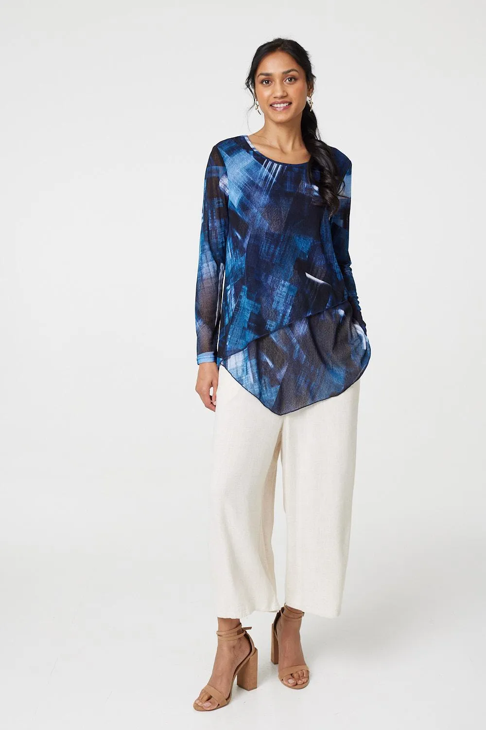 Printed Semi Sheer Asymmetric Tunic Top