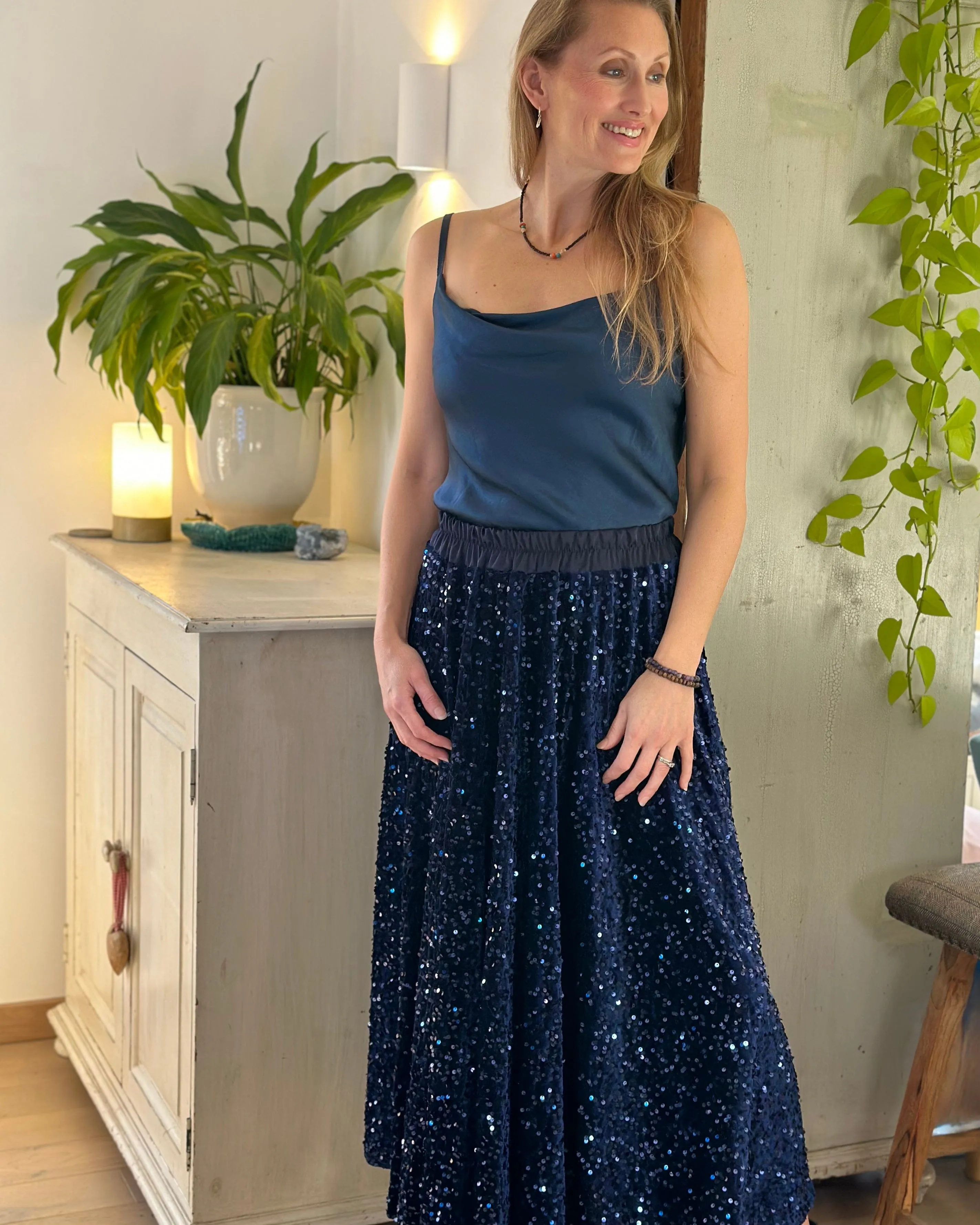 Sequin & Velvet Skirt - Navy