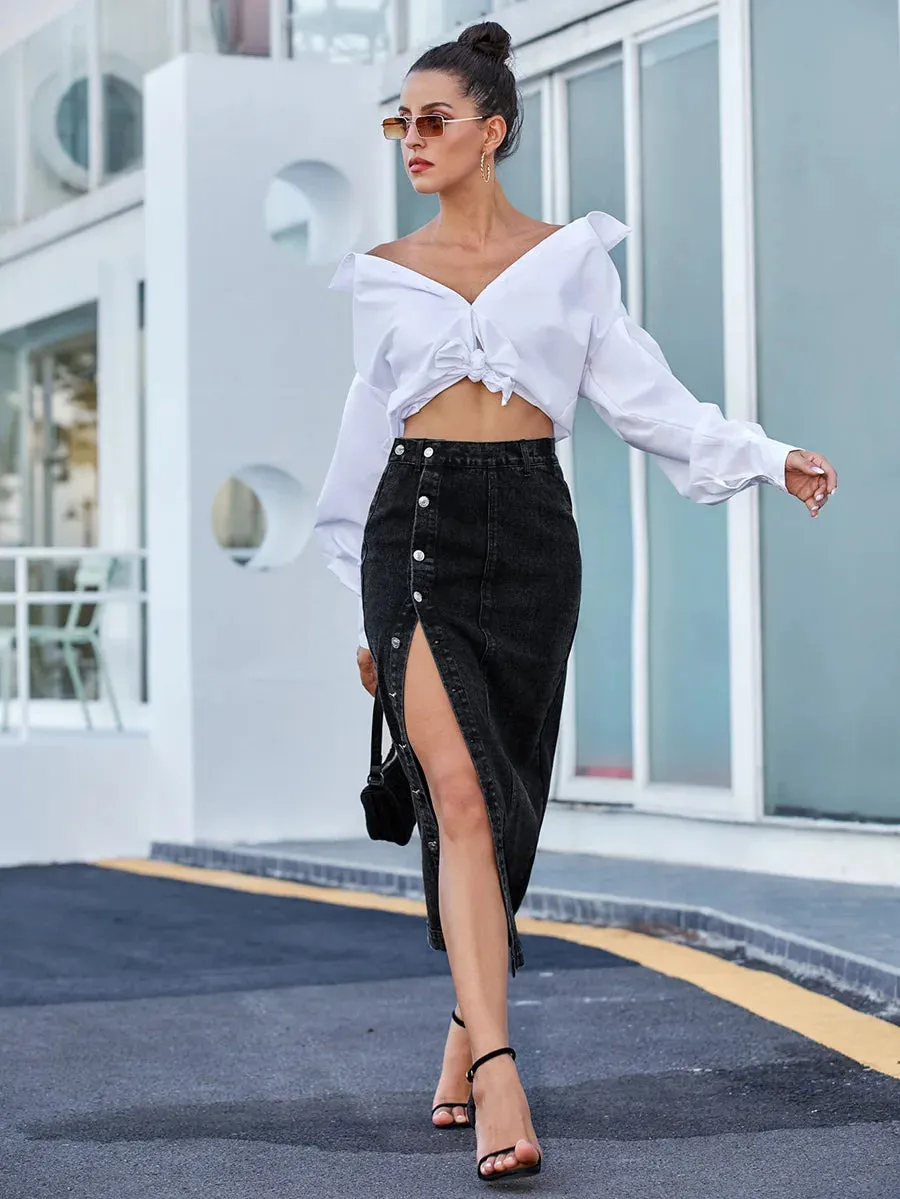 Sexy Streetwear Button Denim Skirt – High Waist Bodycon Autumn Winter