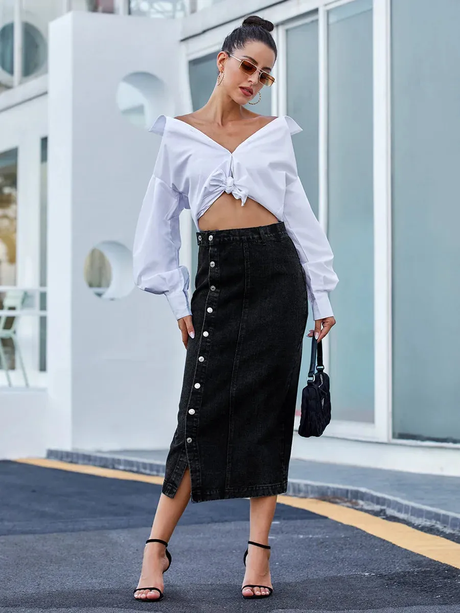 Sexy Streetwear Button Denim Skirt – High Waist Bodycon Autumn Winter