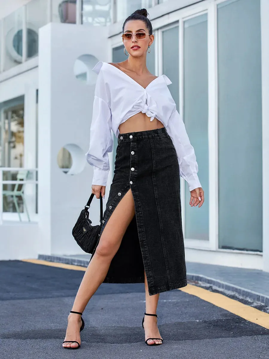 Sexy Streetwear Button Denim Skirt – High Waist Bodycon Autumn Winter