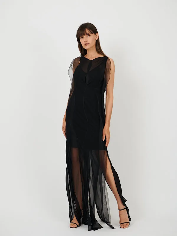 Sheer Wave Panel Floorlength Dress in Black