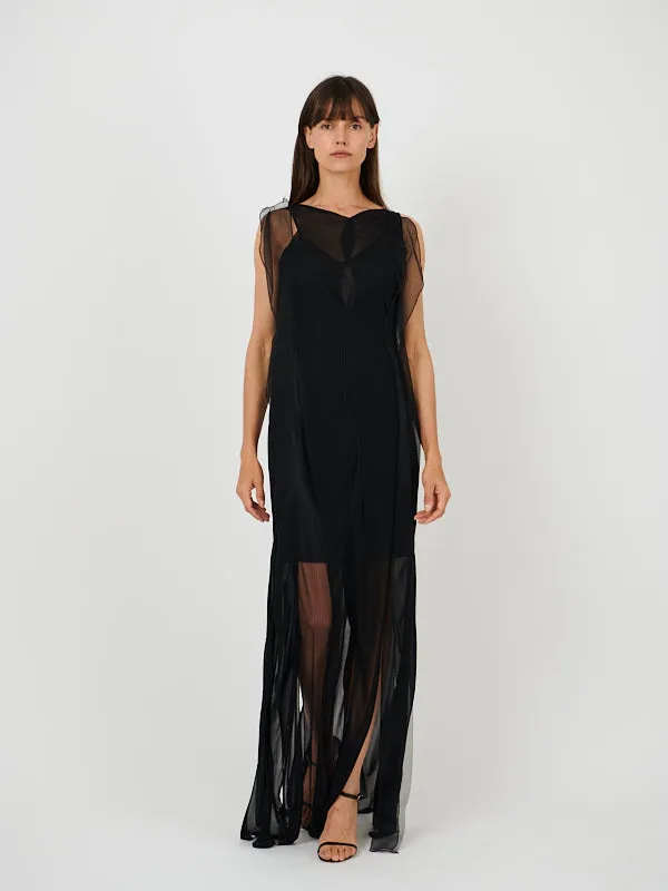 Sheer Wave Panel Floorlength Dress in Black