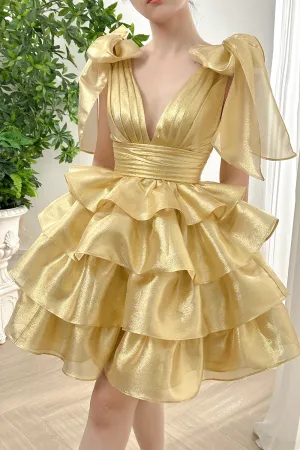 Straps with Bow V Neck Light Gold Tiered Dress