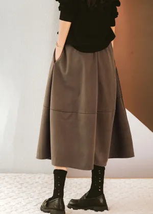 Stylish Brown Elastic Waist Pockets Woolen Skirts Winter