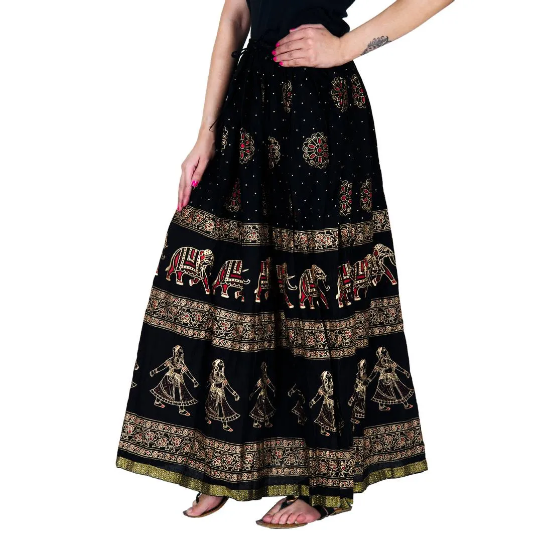 Stylish Cotton Black Kalamkari Print Skirt For Women